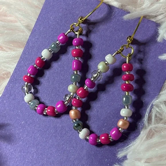 Pink, White & Blue Beaded Hoops | Handmade - Picture 1 of 3